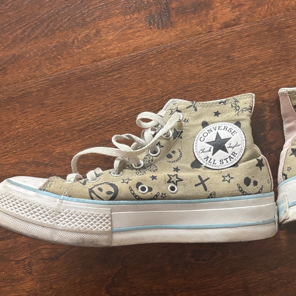 Converse Beige High-Tops with Black Graphic Design Pink Light Blue  Phoebe